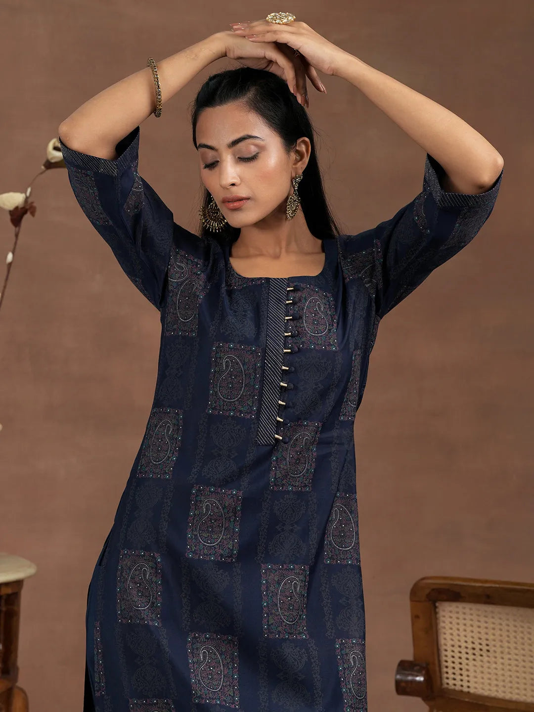  Blue Printed Silk Blend Straight Suit With Dupatta 