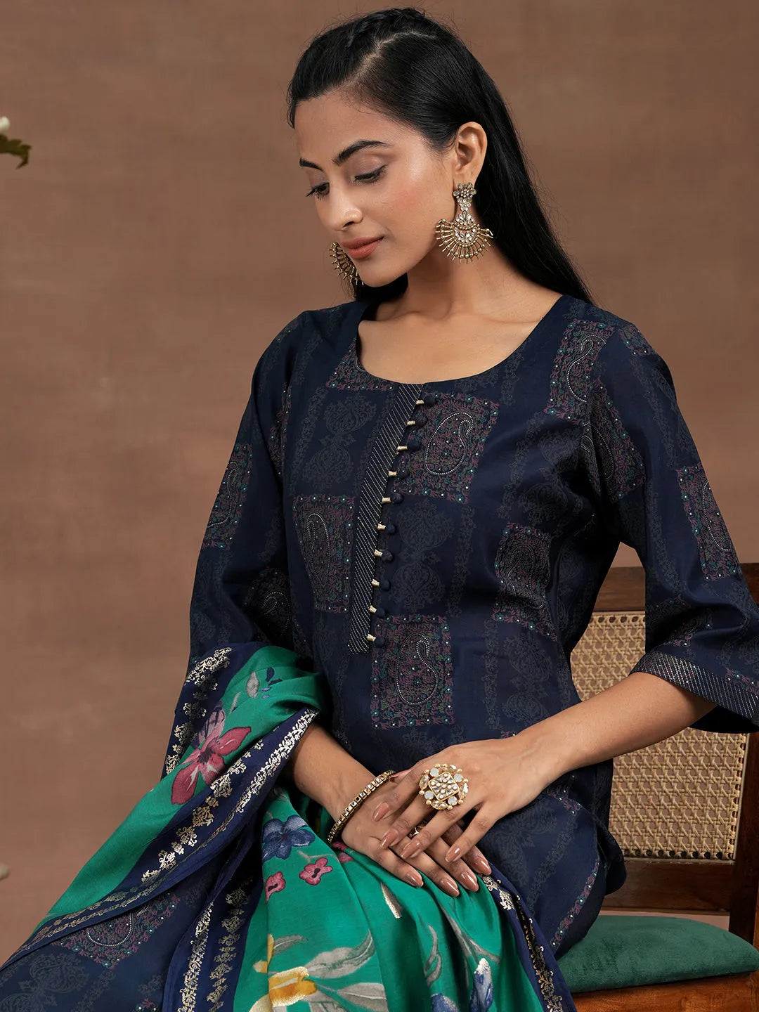  Blue Printed Silk Blend Straight Suit With Dupatta 