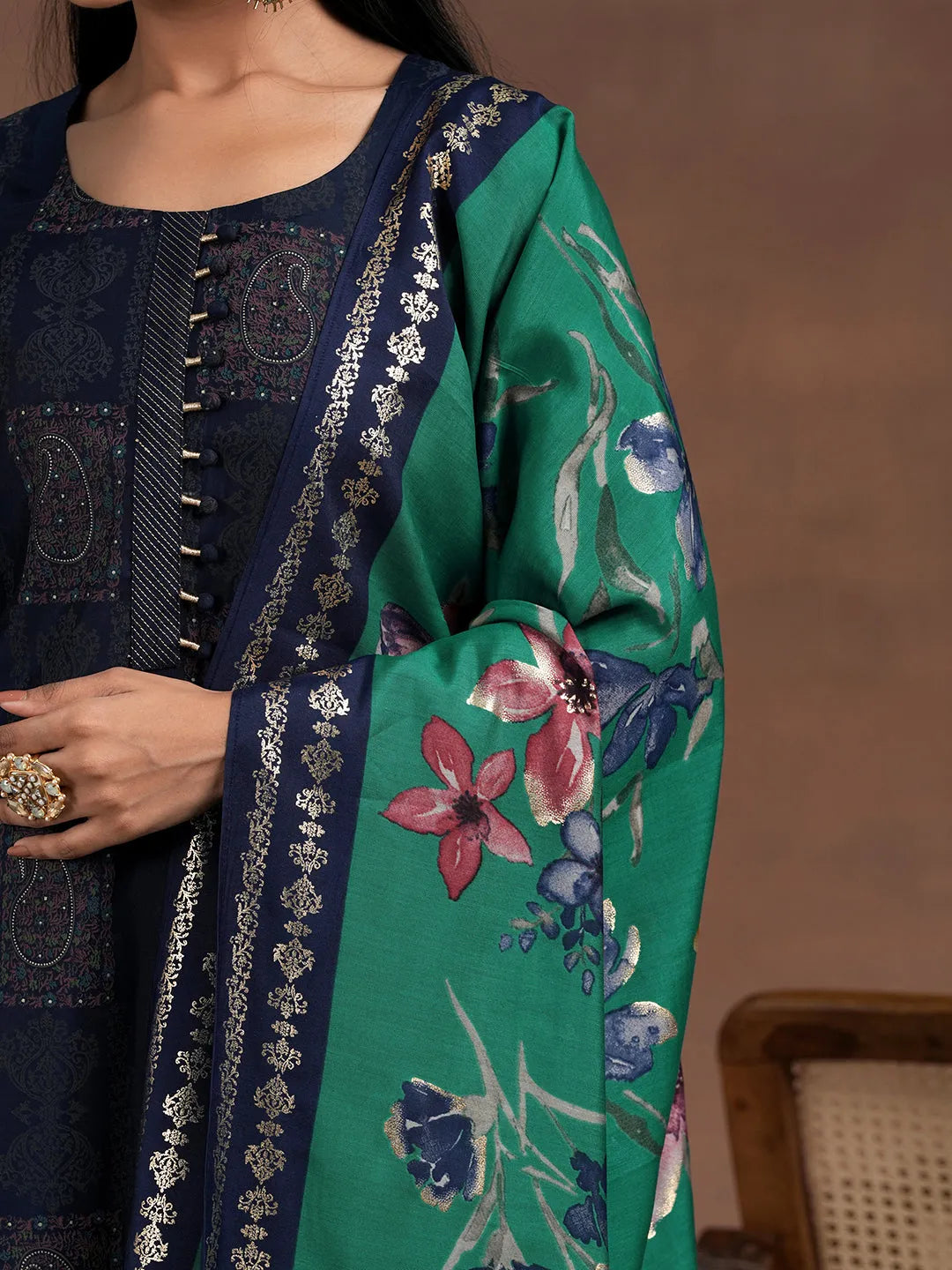  Blue Printed Silk Blend Straight Suit With Dupatta 