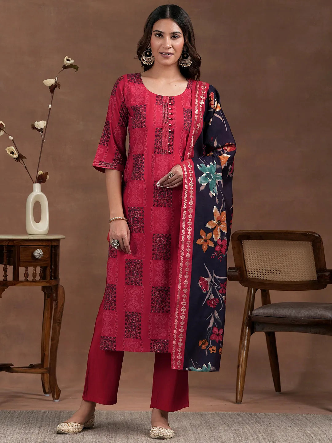  Red Printed Silk Blend Straight Suit With Dupatta 
