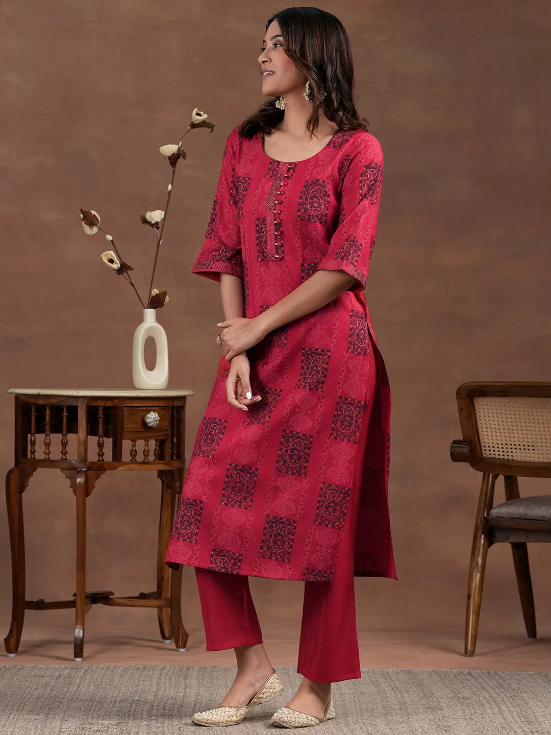  Red Printed Silk Blend Straight Suit With Dupatta 