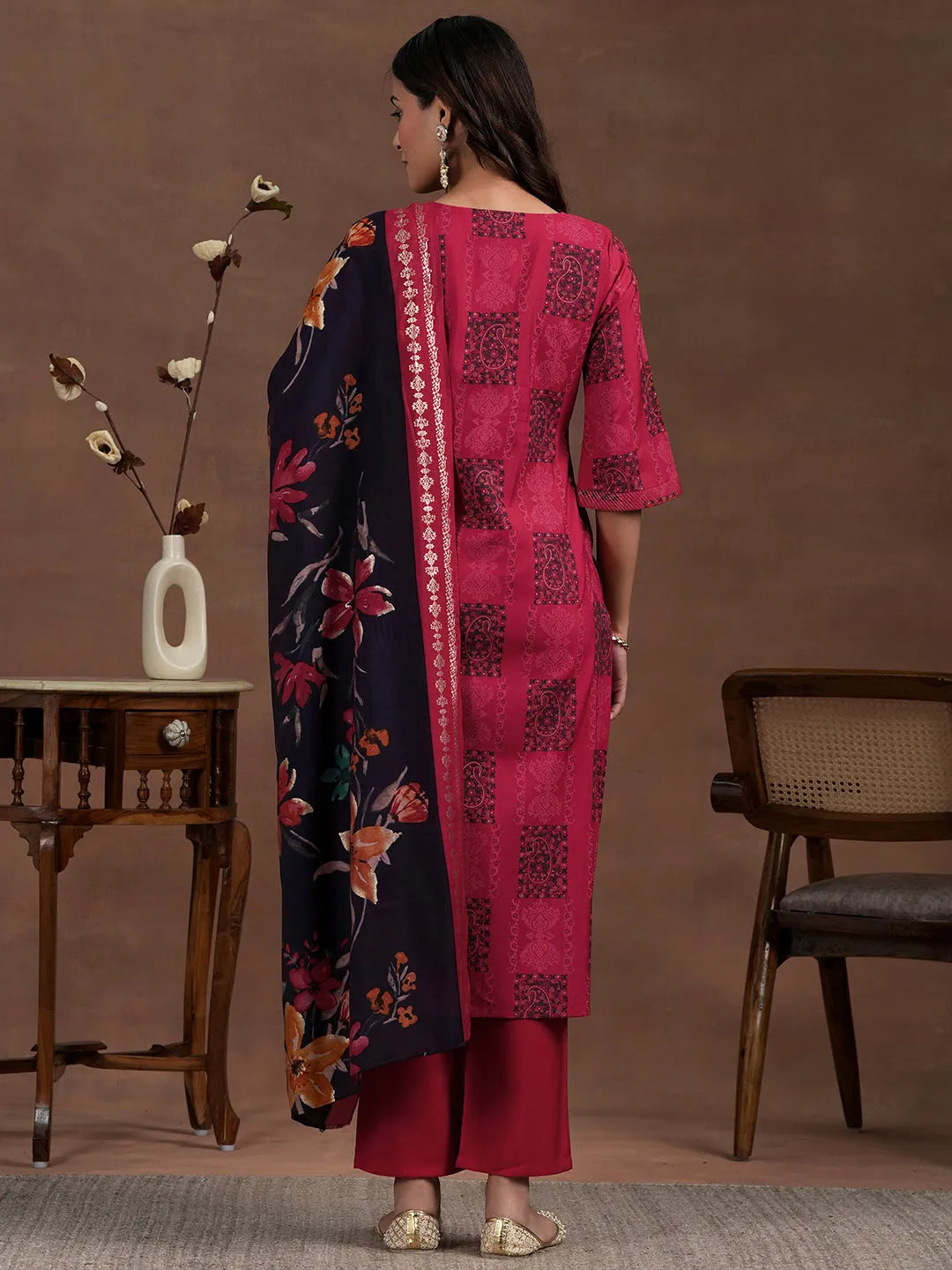  Red Printed Silk Blend Straight Suit With Dupatta 