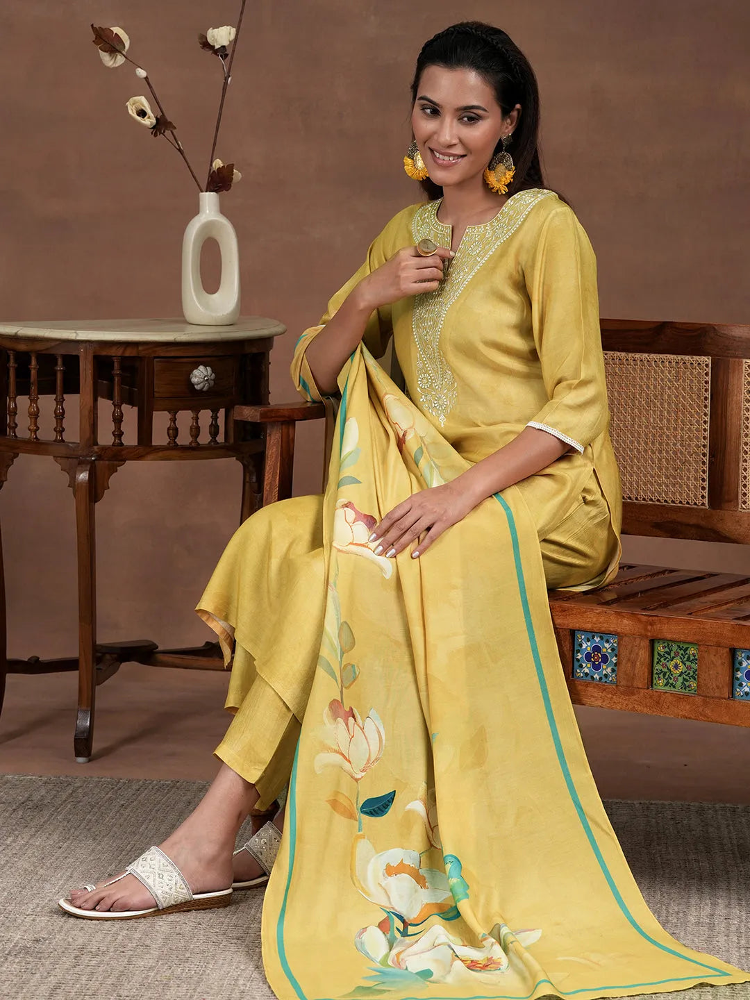 Yellow Yoke Design Silk Blend Straight Suit With Dupatta