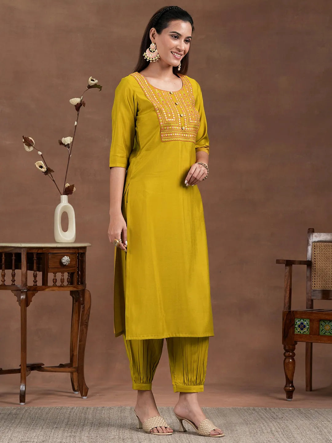  Mustard Yoke Design Silk Blend Straight Suit With Dupatta 