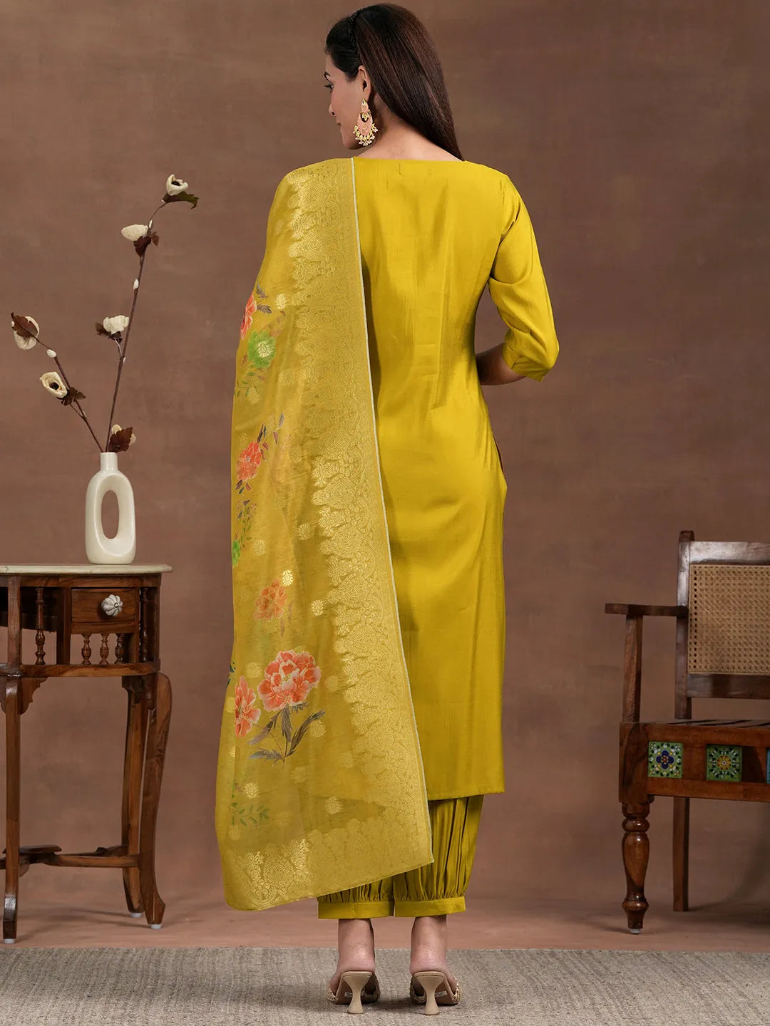  Mustard Yoke Design Silk Blend Straight Suit With Dupatta 