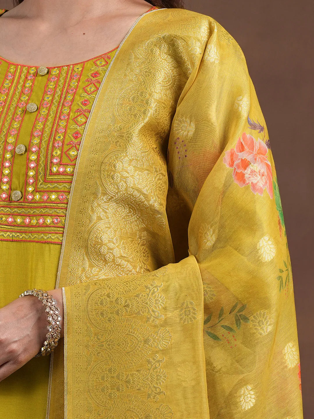  Mustard Yoke Design Silk Blend Straight Suit With Dupatta 