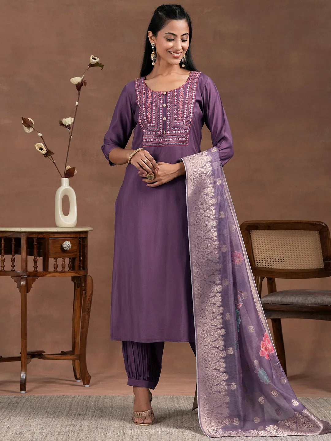  Purple Yoke Design Silk Blend Straight Suit With Dupatta 