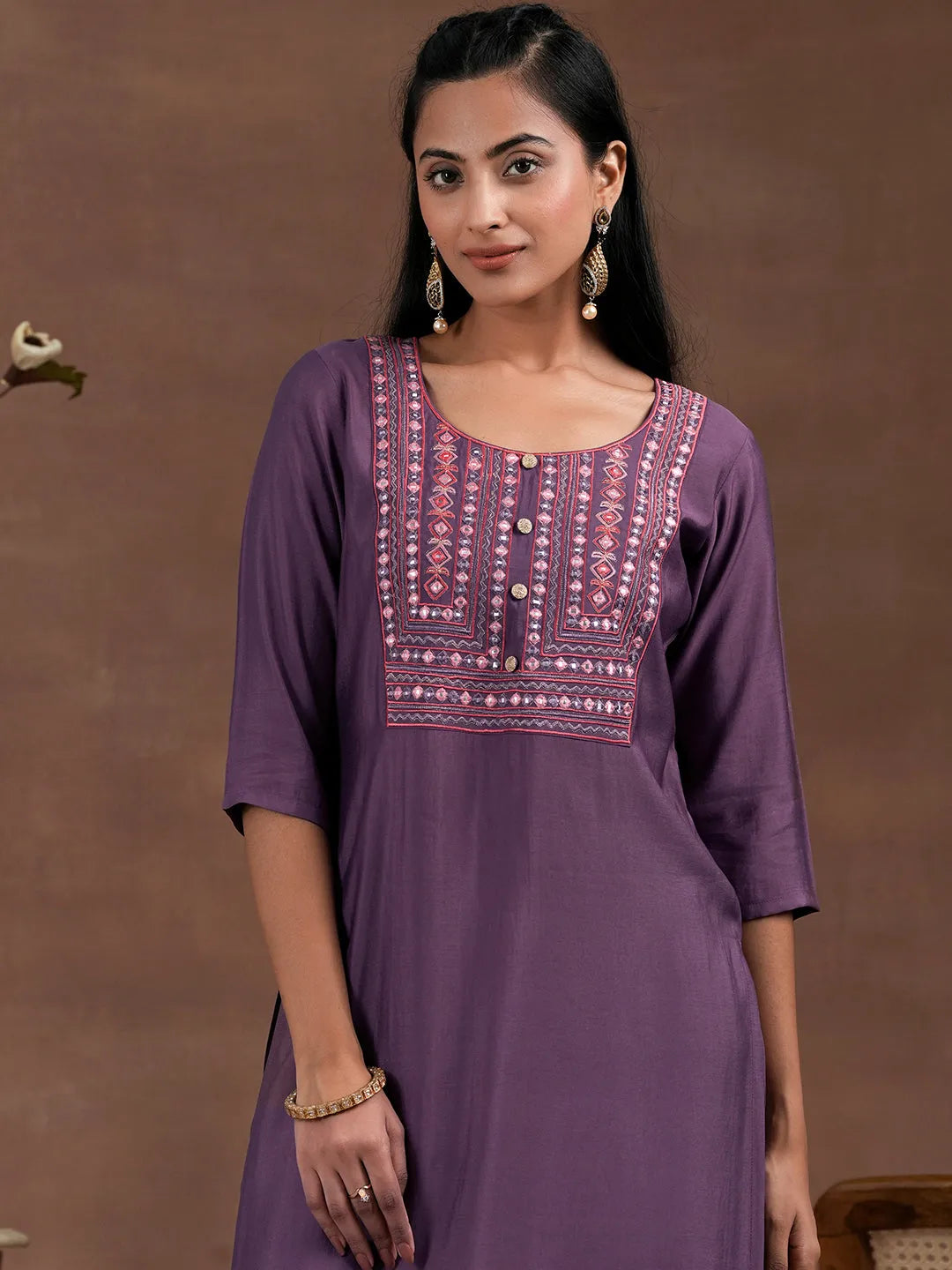 Purple Yoke Design Silk Blend Straight Suit With Dupatta 