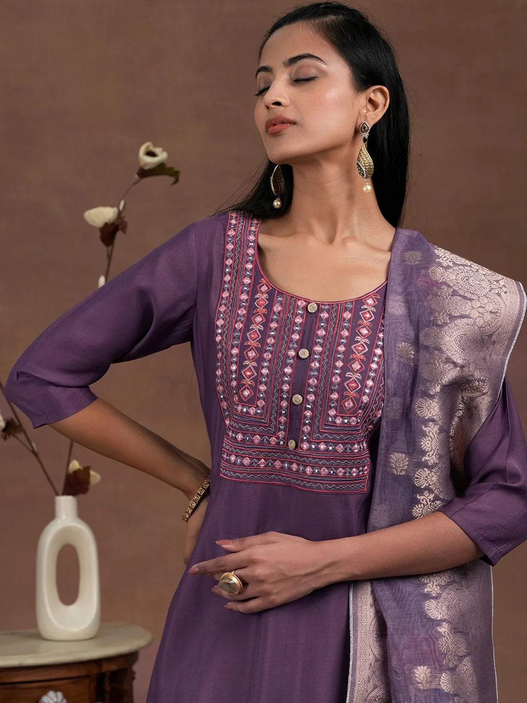  Purple Yoke Design Silk Blend Straight Suit With Dupatta 