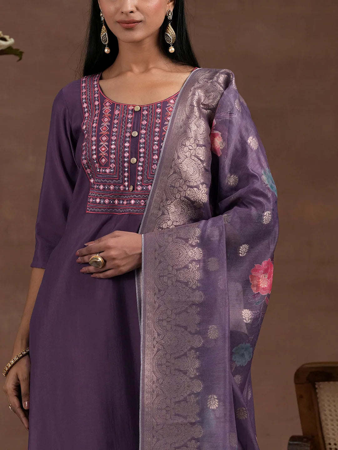  Purple Yoke Design Silk Blend Straight Suit With Dupatta 