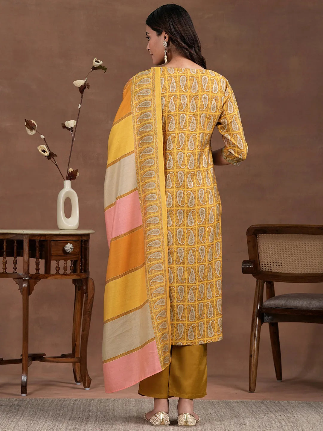  Mustard Printed Silk Blend Straight Suit With Dupatta 