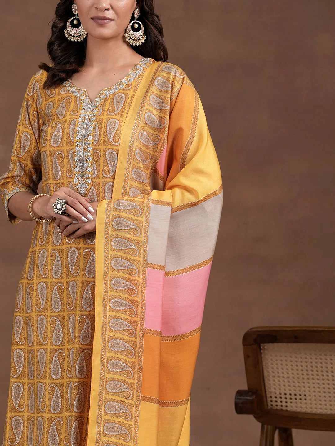  Mustard Printed Silk Blend Straight Suit With Dupatta 