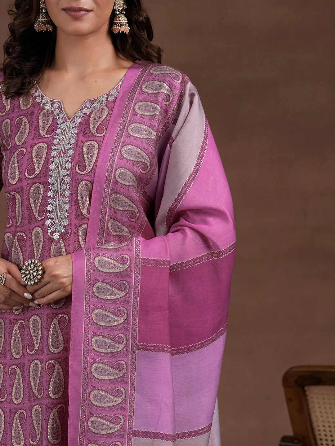  Pink Printed Silk Blend Straight Suit With Dupatta 