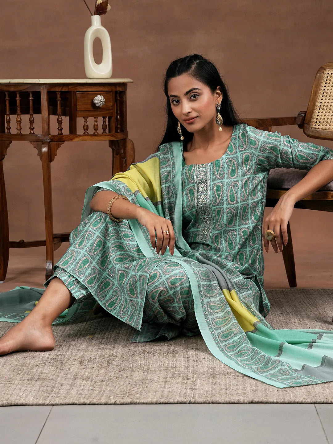 Blue Printed Silk Blend Straight Suit With Dupatta-image-46