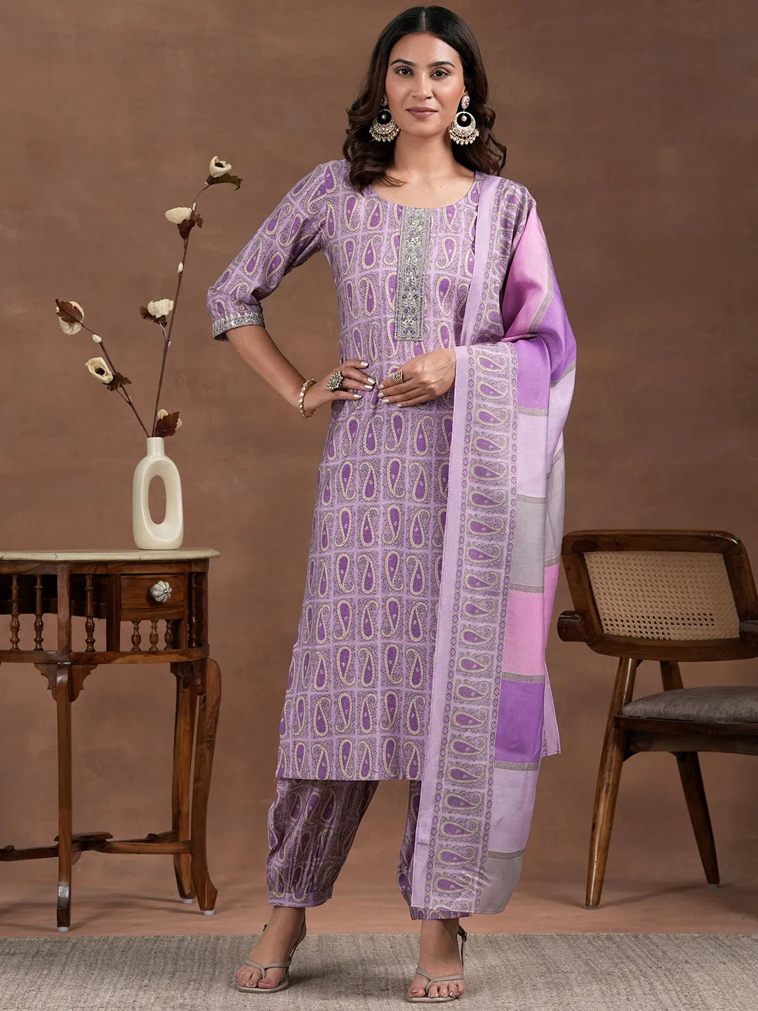  Purple Printed Silk Blend Straight Suit With Dupatta 
