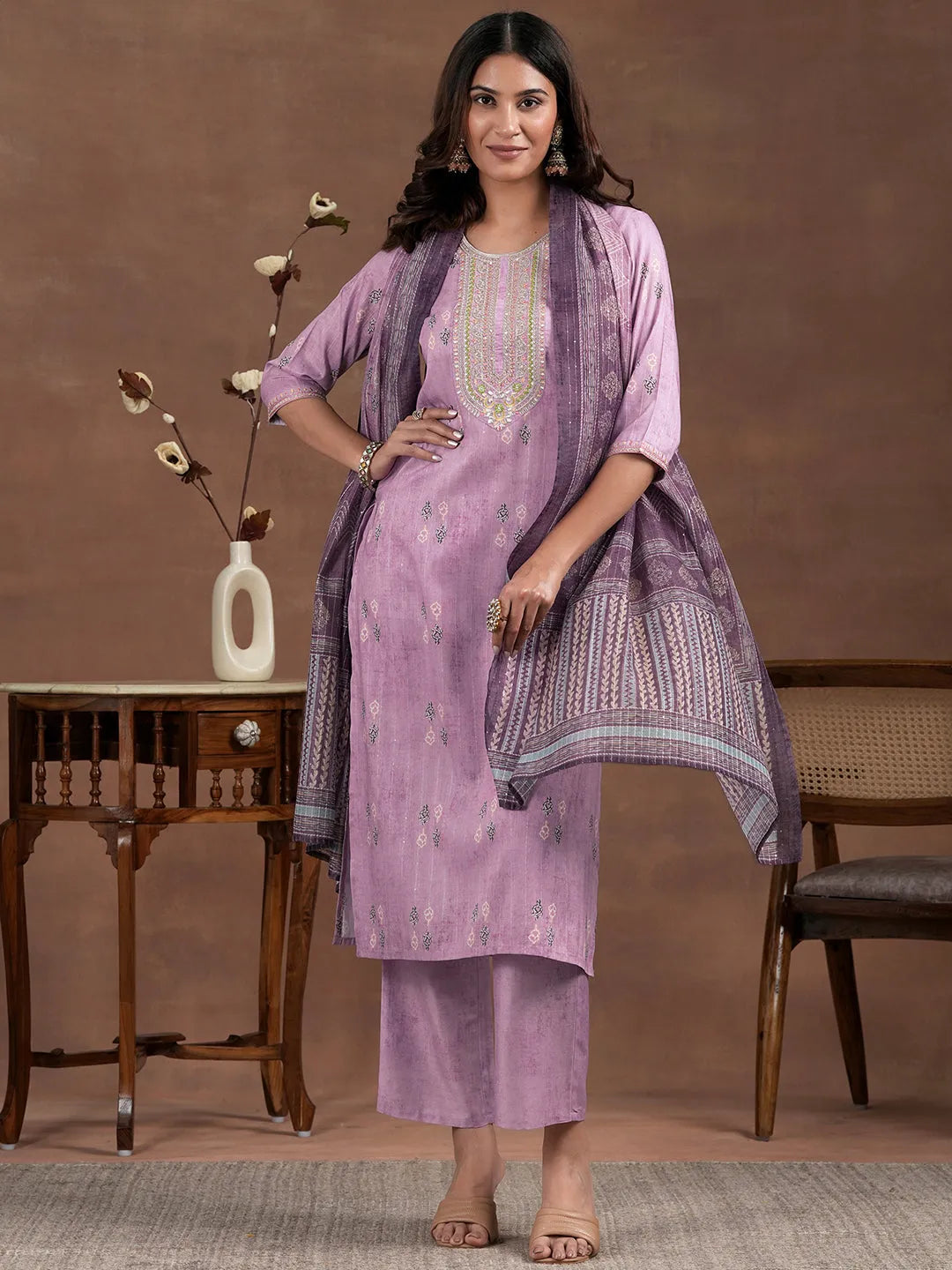 libas Lavender Printed Silk Blend Straight Suit With Dupatta-picture-35