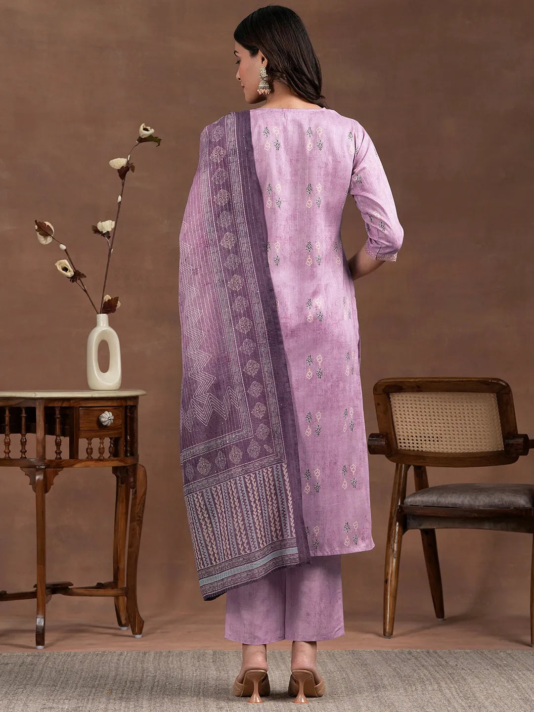  Lavender Printed Silk Blend Straight Suit With Dupatta 