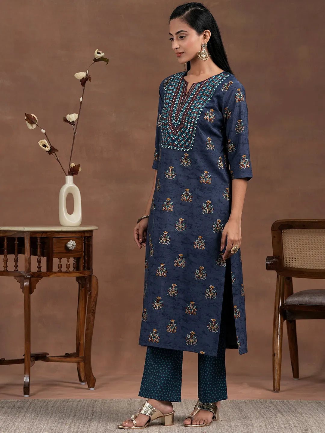  Blue Printed Silk Blend Straight Suit With Dupatta 