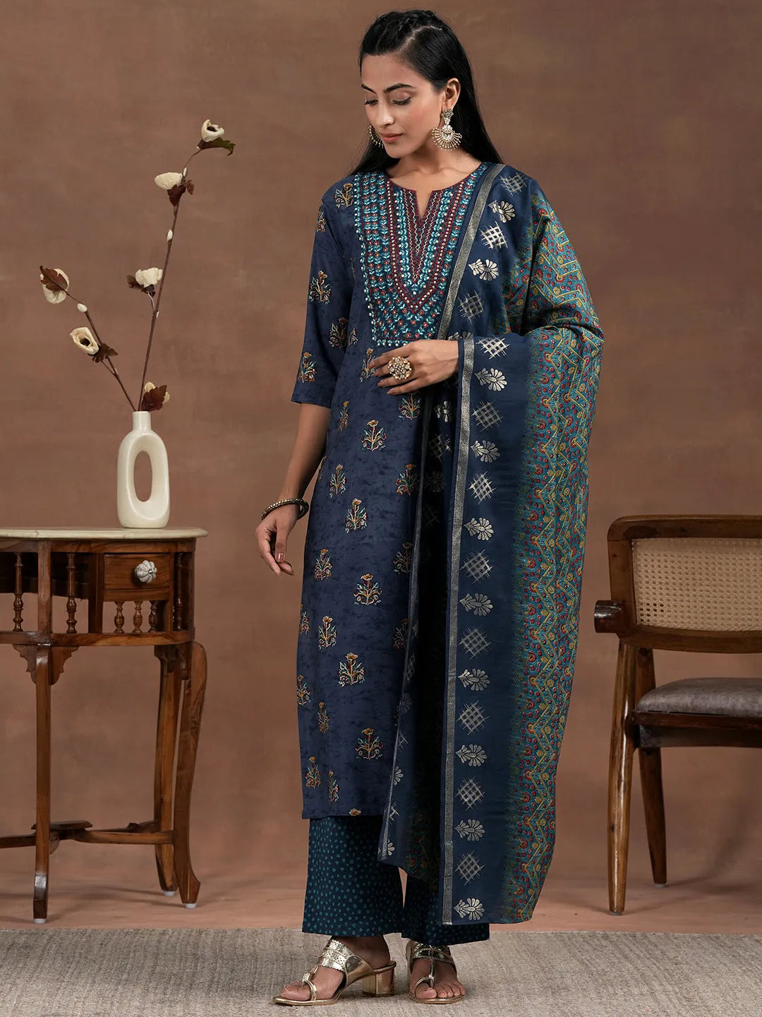  Blue Printed Silk Blend Straight Suit With Dupatta 
