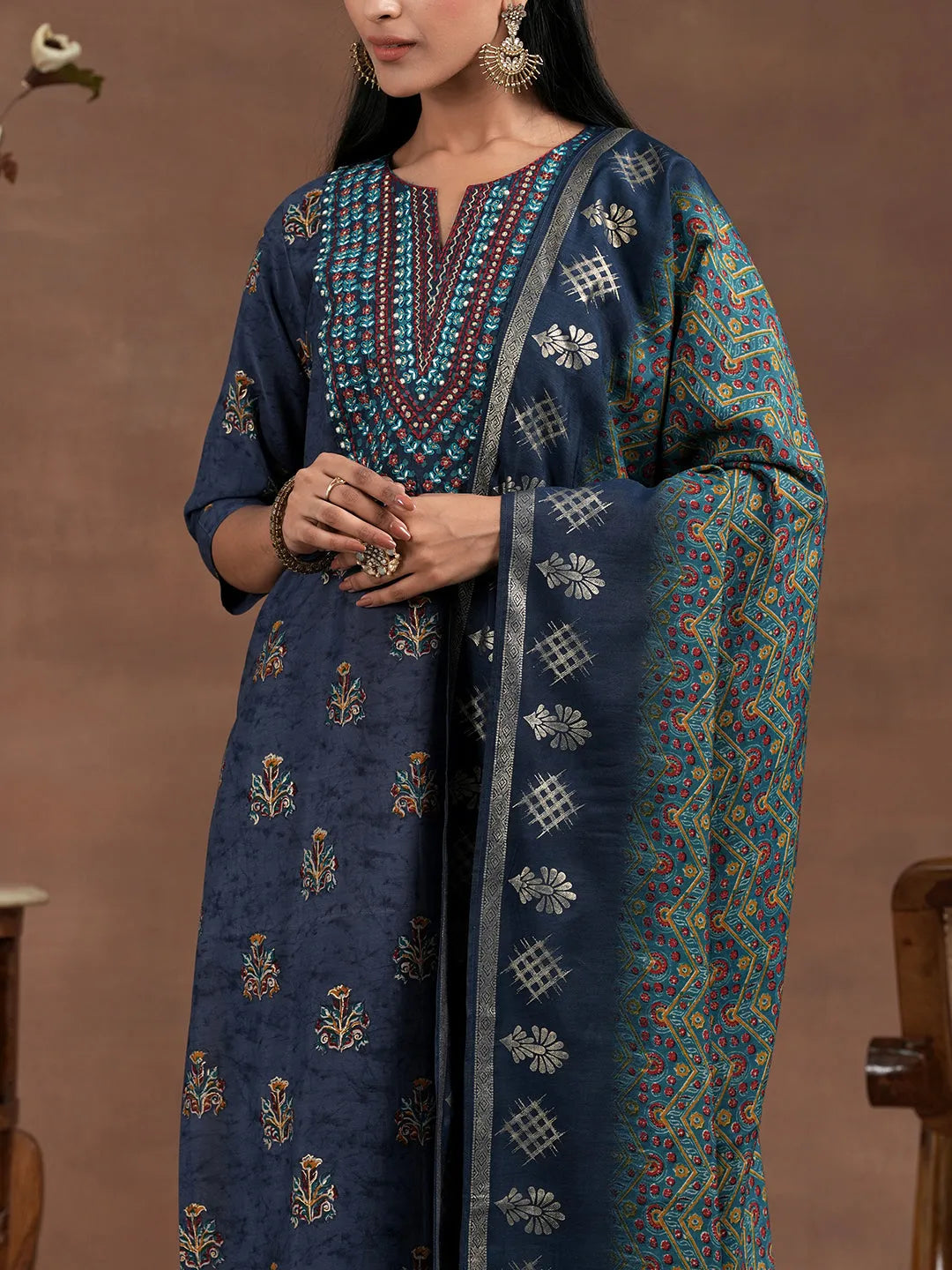  Blue Printed Silk Blend Straight Suit With Dupatta 