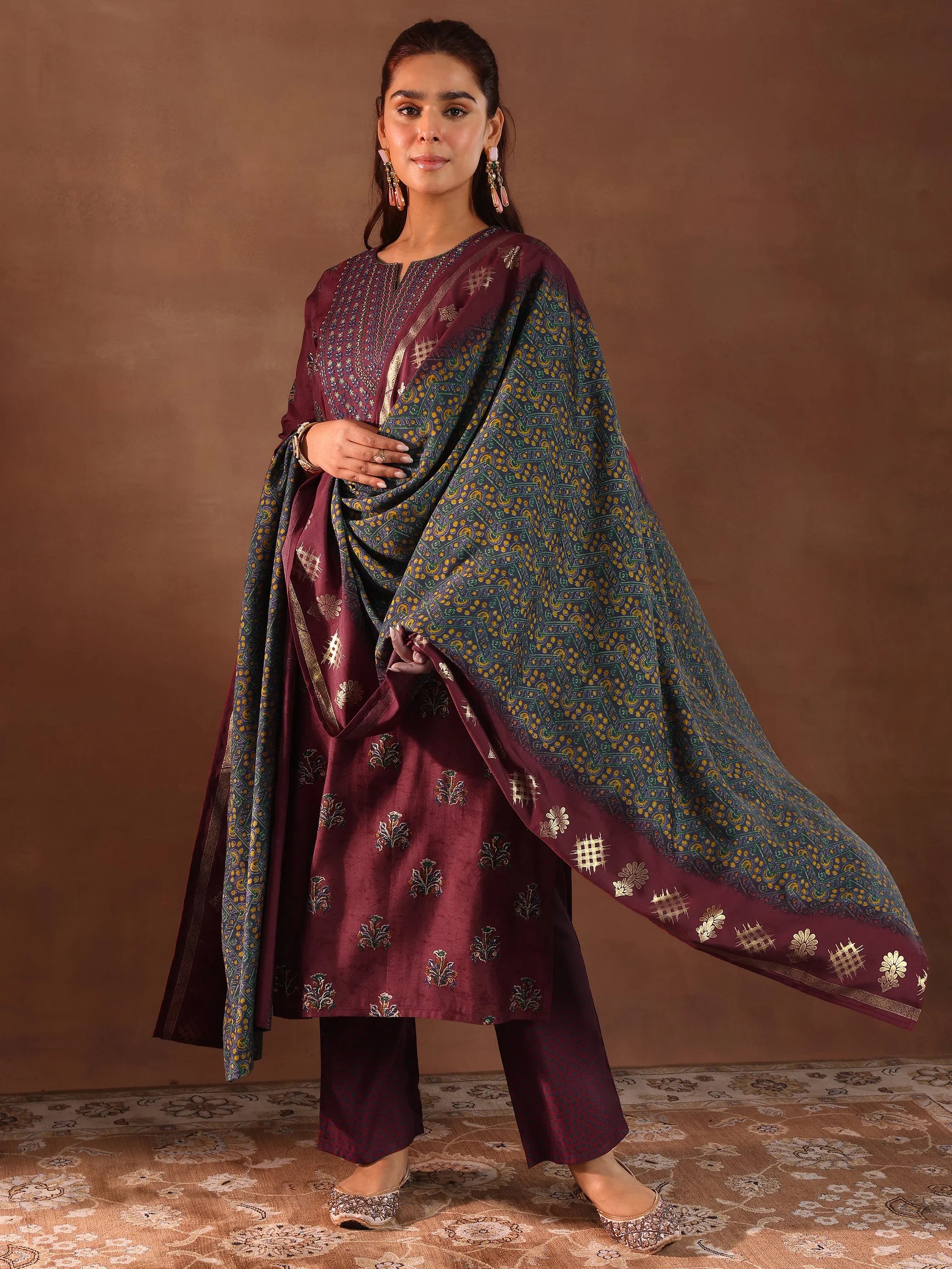 libas Rust Printed Silk Blend Straight Suit With Dupatta-picture-16
