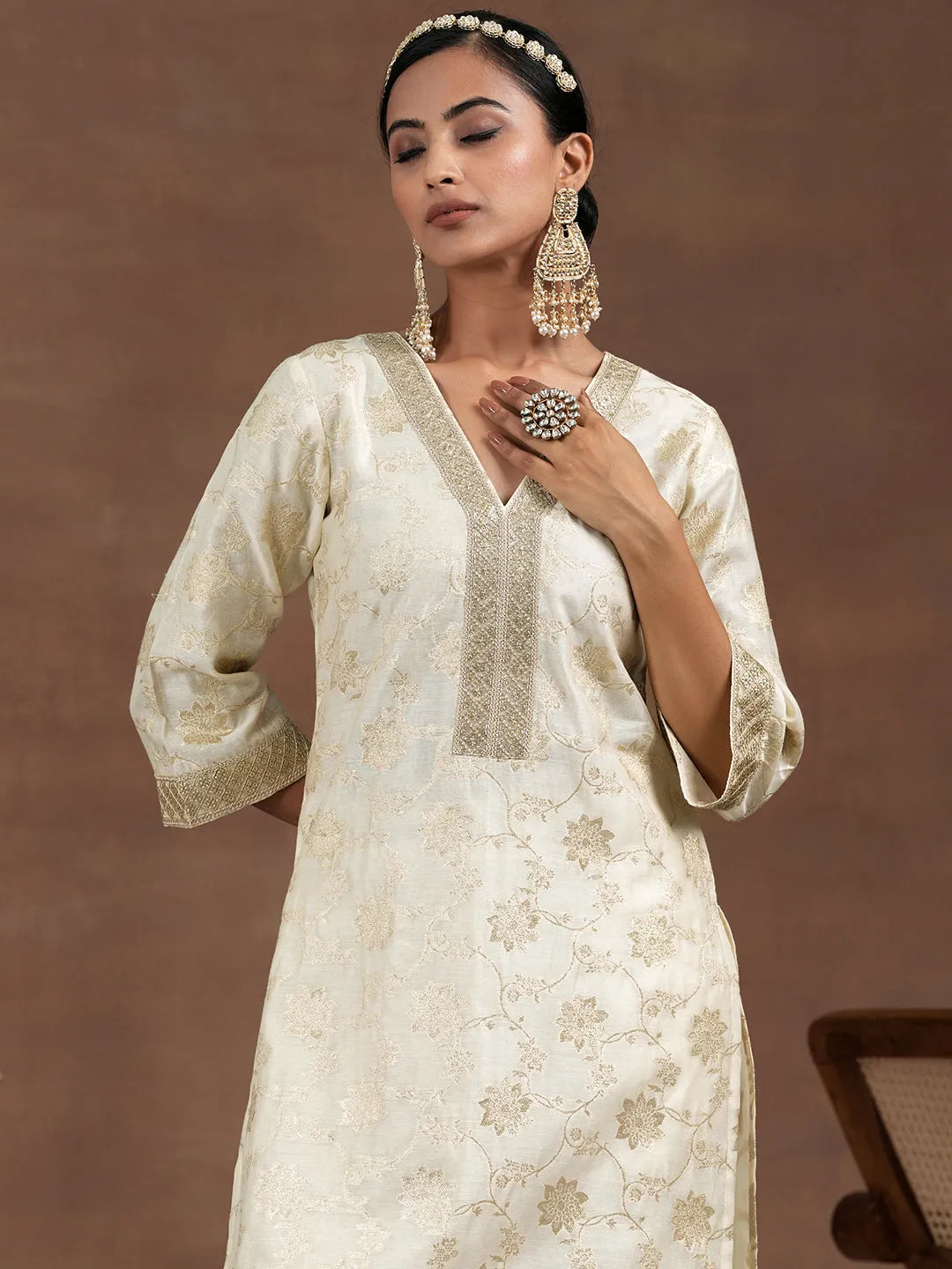 Off White Woven Design Chanderi Silk Straight Suit With Dupatta 