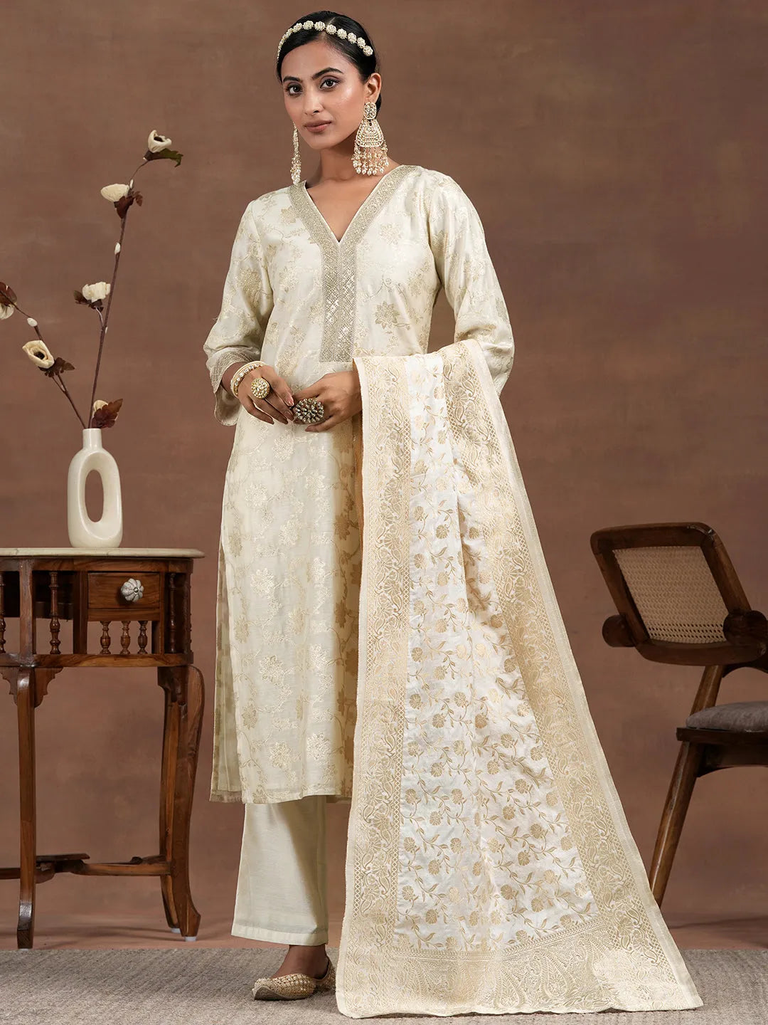  Off White Woven Design Chanderi Silk Straight Suit With Dupatta 