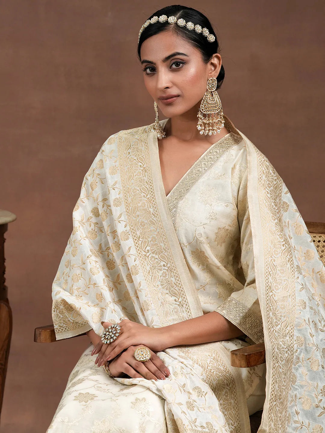  Off White Woven Design Chanderi Silk Straight Suit With Dupatta 