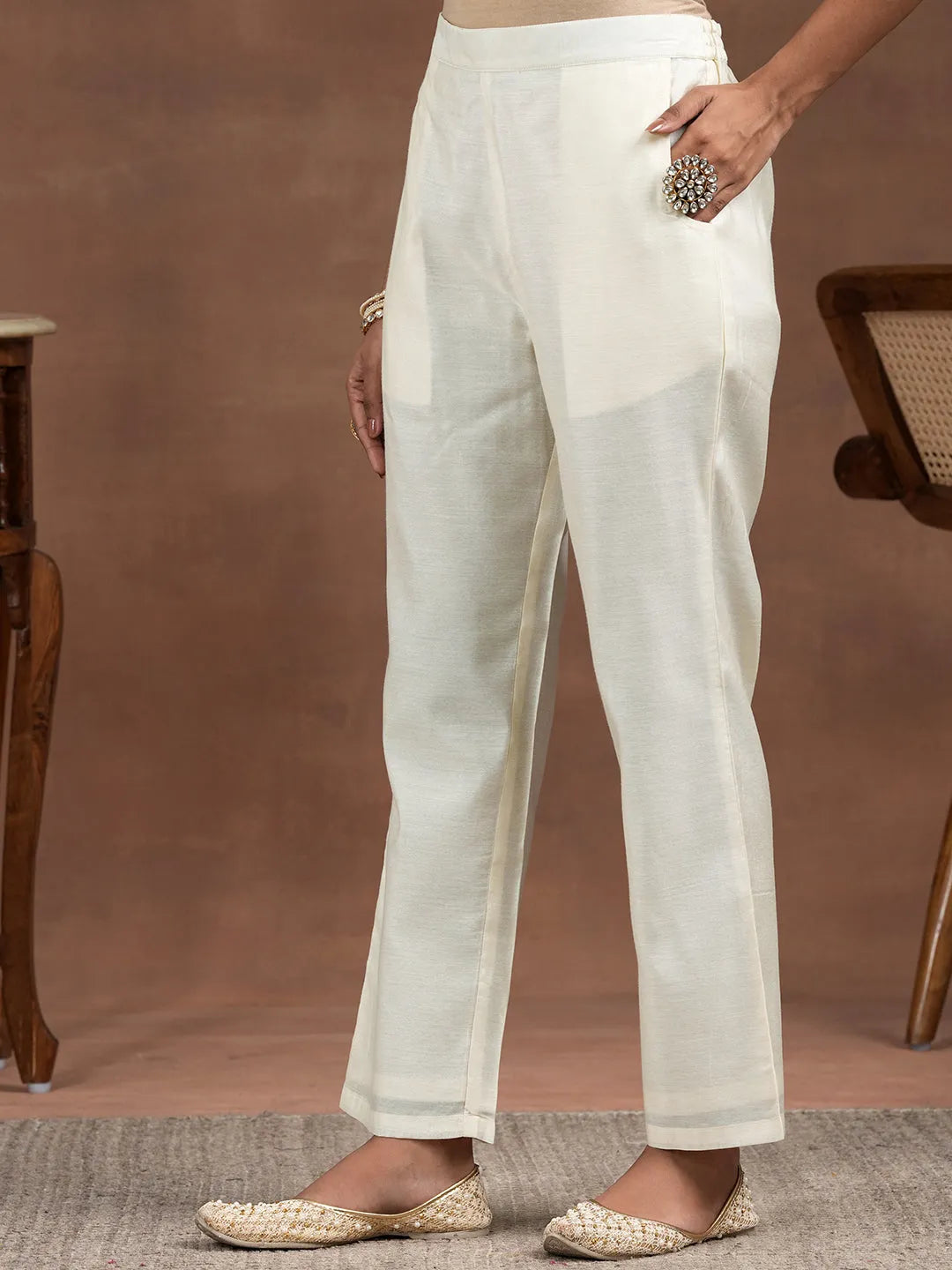  Off White Woven Design Chanderi Silk Straight Suit With Dupatta 