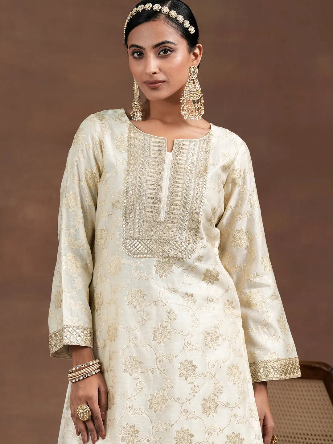  Off White Woven Design Chanderi Silk Straight Suit With Dupatta 