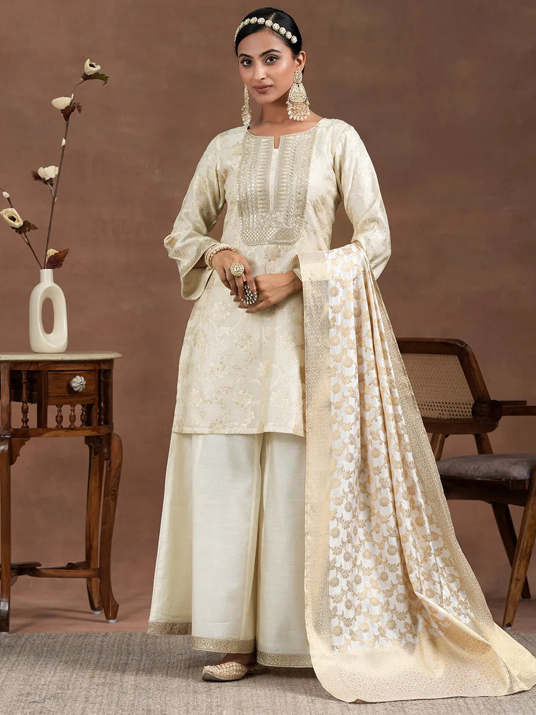  Off White Woven Design Chanderi Silk Straight Suit With Dupatta 
