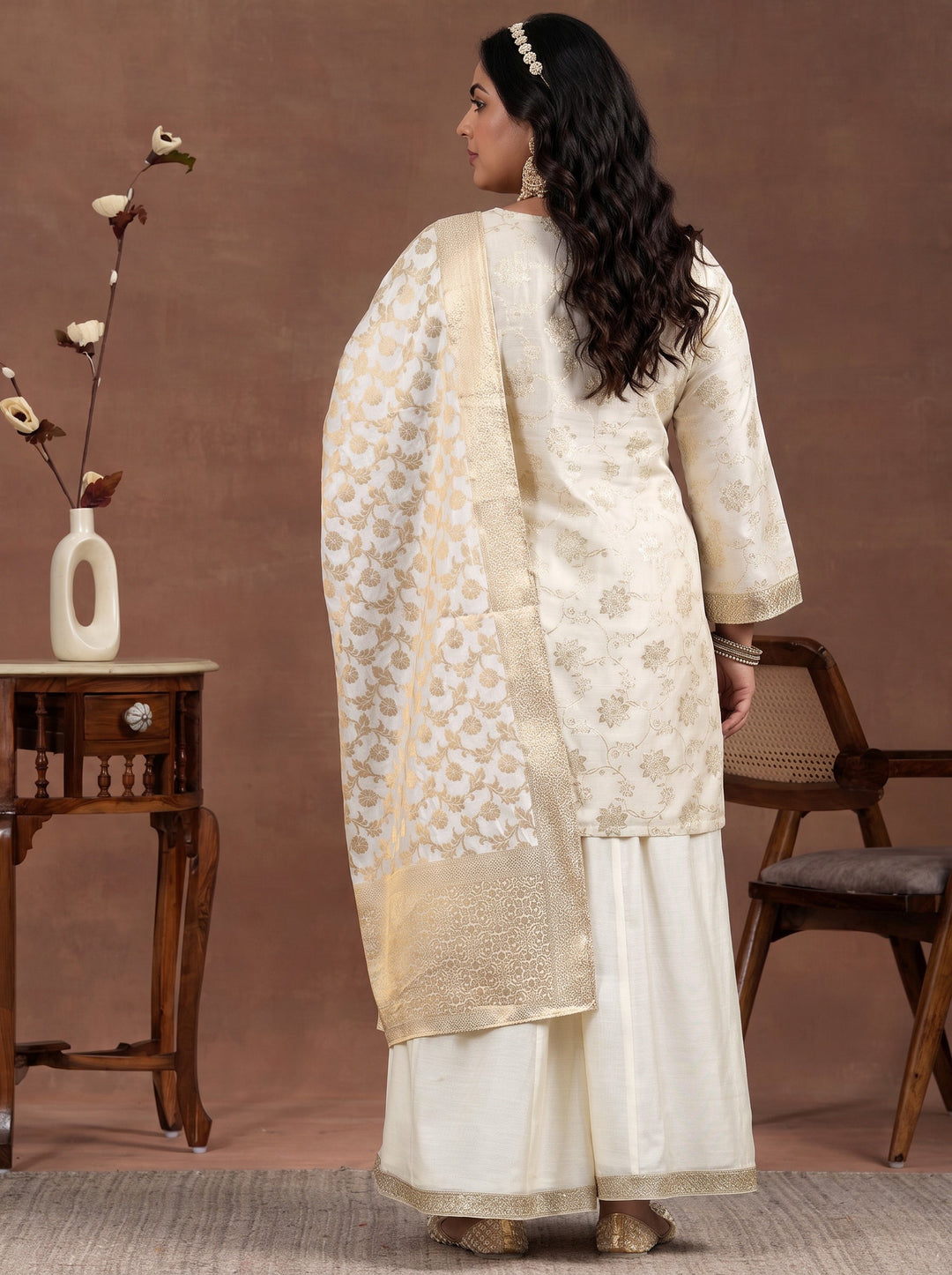 Plus Size Off White Woven Design Chanderi Silk Straight Suit With Dupatta 