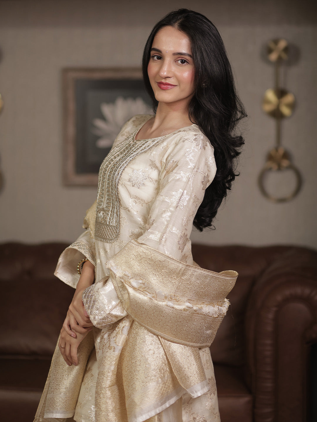 Off White Woven Design Chanderi Silk Straight Suit With Dupatta-image-25