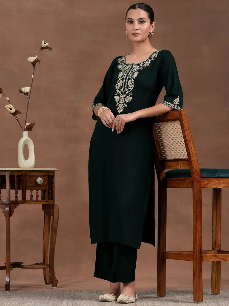 Libas Green Yoke Design Rayon Straight Kurta Set