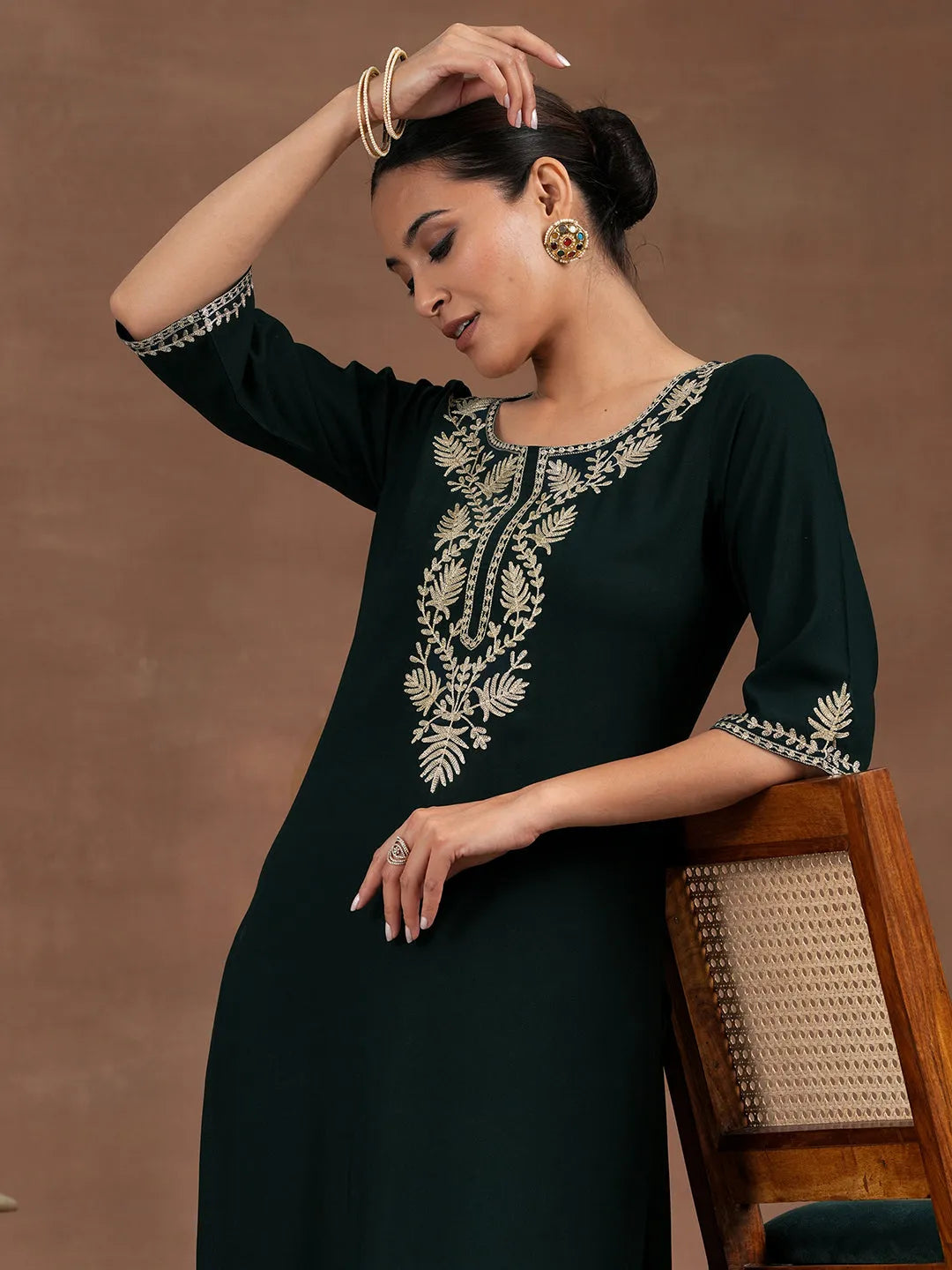  Green Yoke Design Rayon Straight Kurta Set 