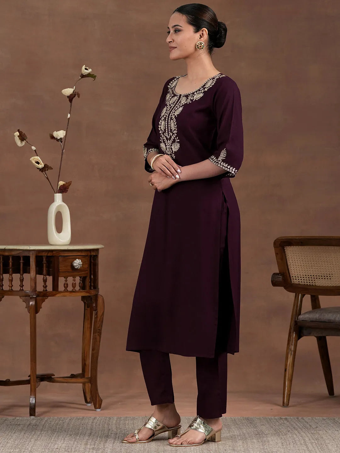  Wine Yoke Design Rayon Straight Kurta Set 