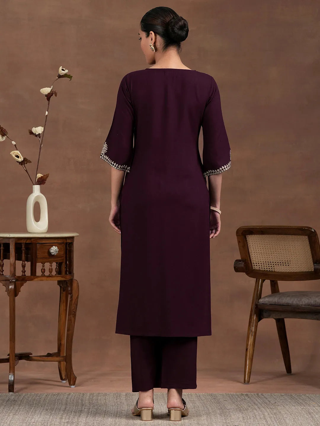  Wine Yoke Design Rayon Straight Kurta Set 
