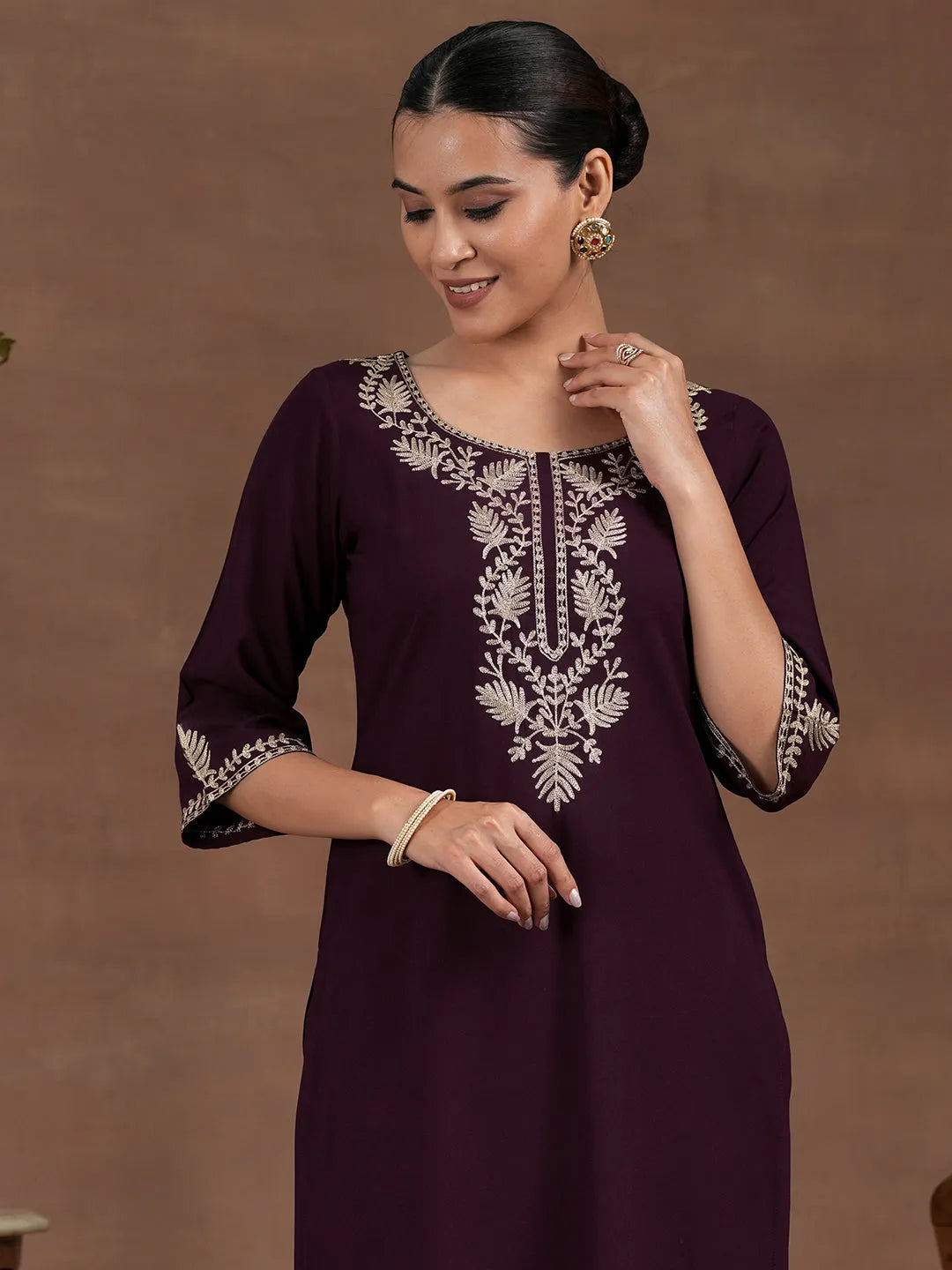  Wine Yoke Design Rayon Straight Kurta Set 