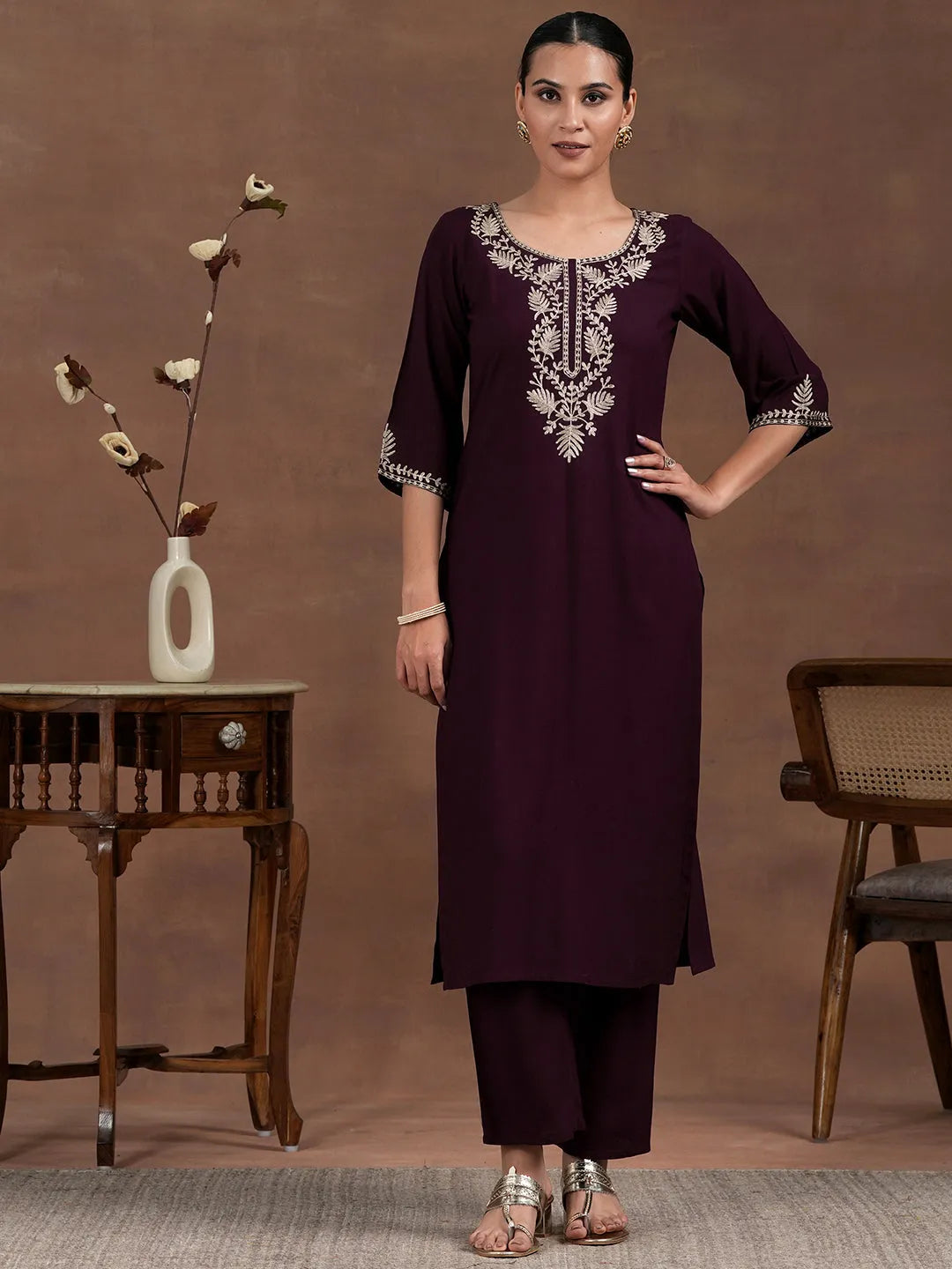  Wine Yoke Design Rayon Straight Kurta Set 
