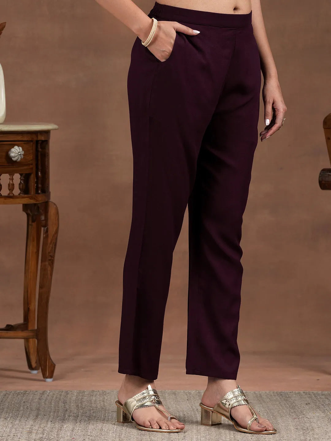  Wine Yoke Design Rayon Straight Kurta Set 