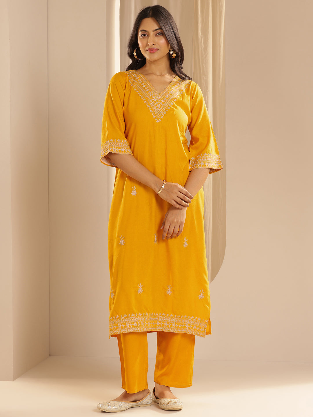  Yellow Embroidered Rayon Straight Kurta Set 
