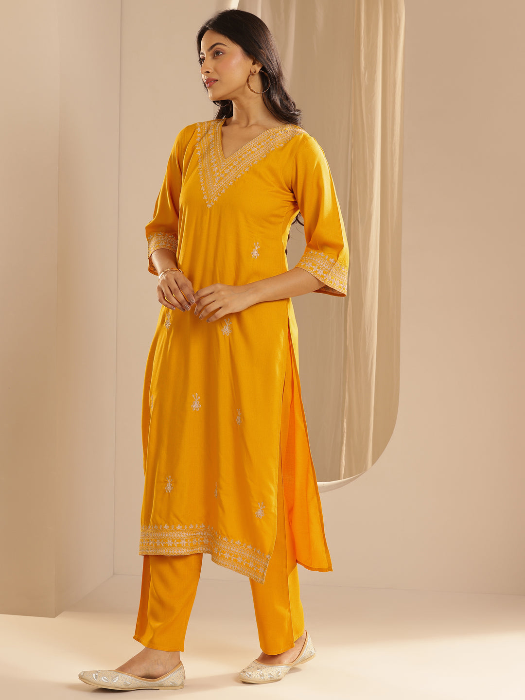  Yellow Embroidered Rayon Straight Kurta Set 