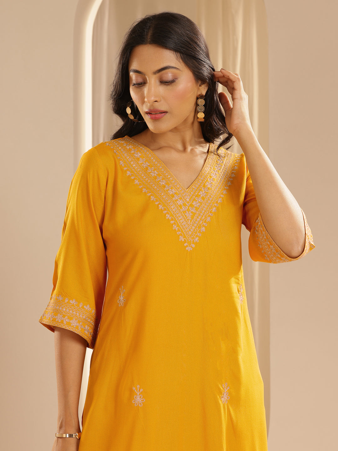  Yellow Embroidered Rayon Straight Kurta Set 