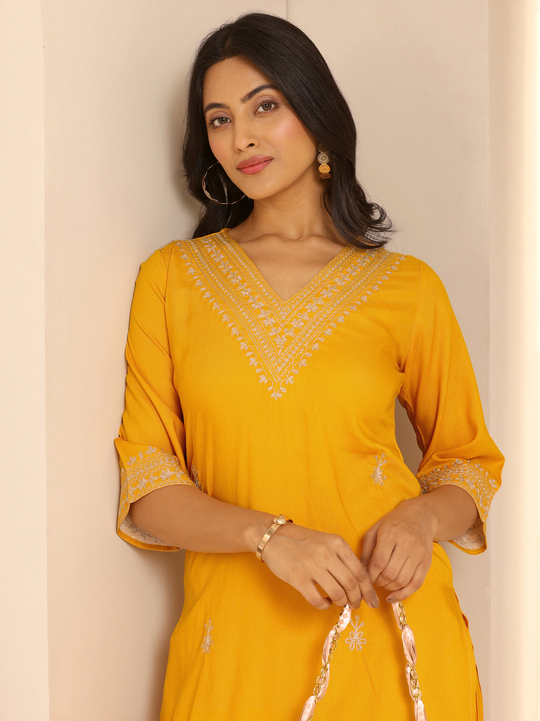  Yellow Embroidered Rayon Straight Kurta Set 