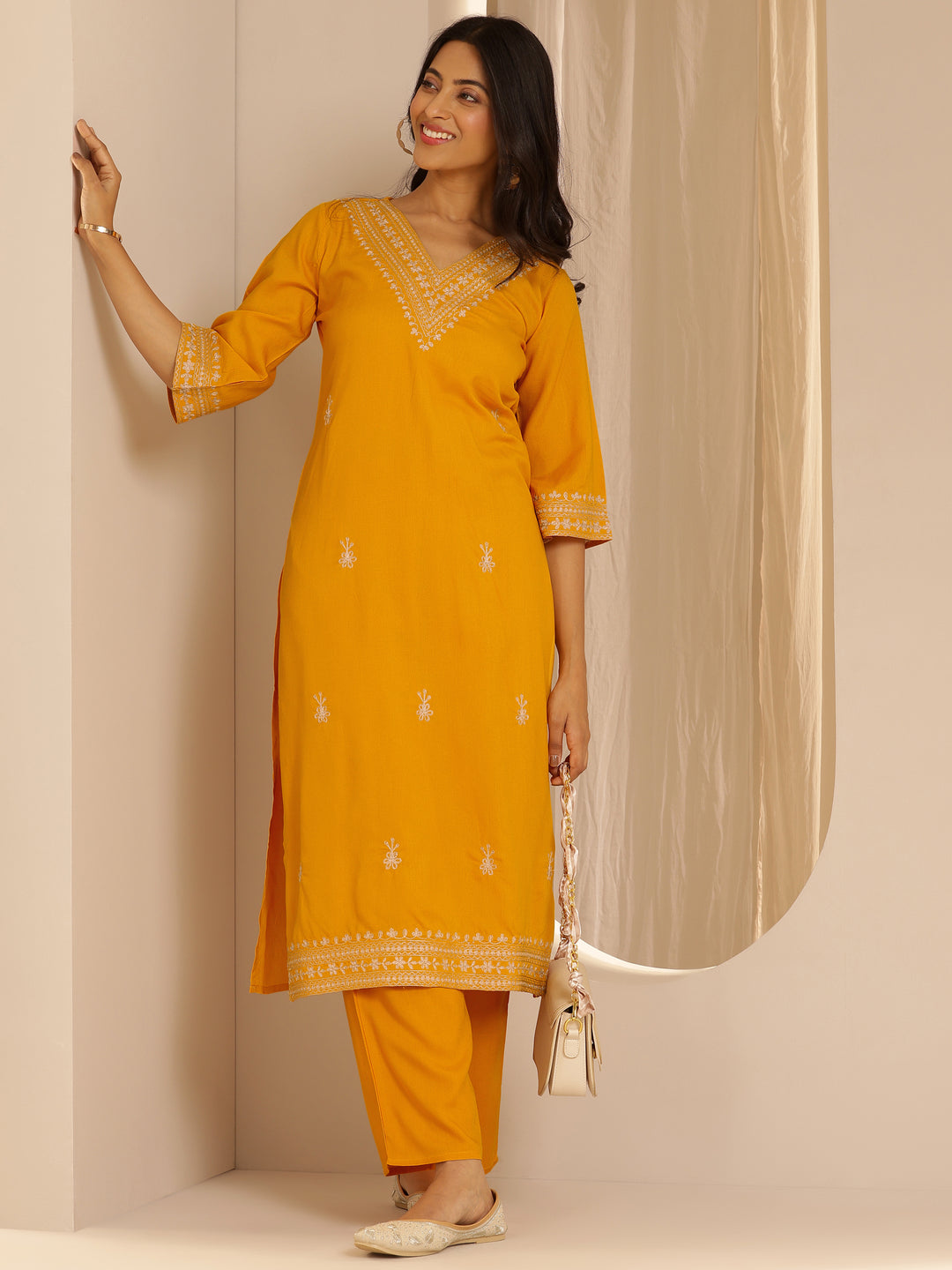 Yellow Embroidered Rayon Straight Kurta Set