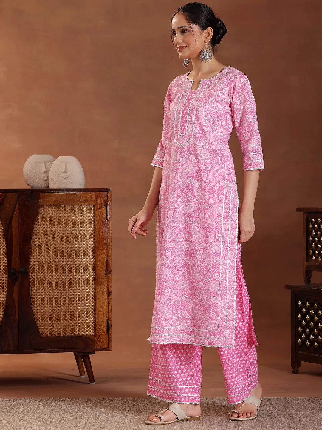  Pink Printed Cotton Straight Suit With Dupatta 