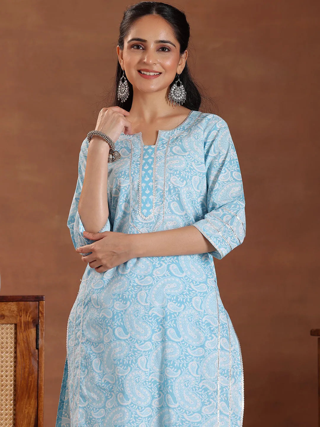  Blue Printed Cotton Straight Suit With Dupatta 