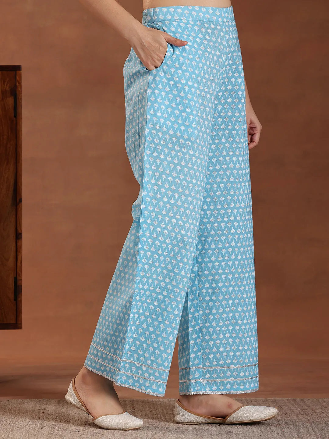  Blue Printed Cotton Straight Suit With Dupatta 