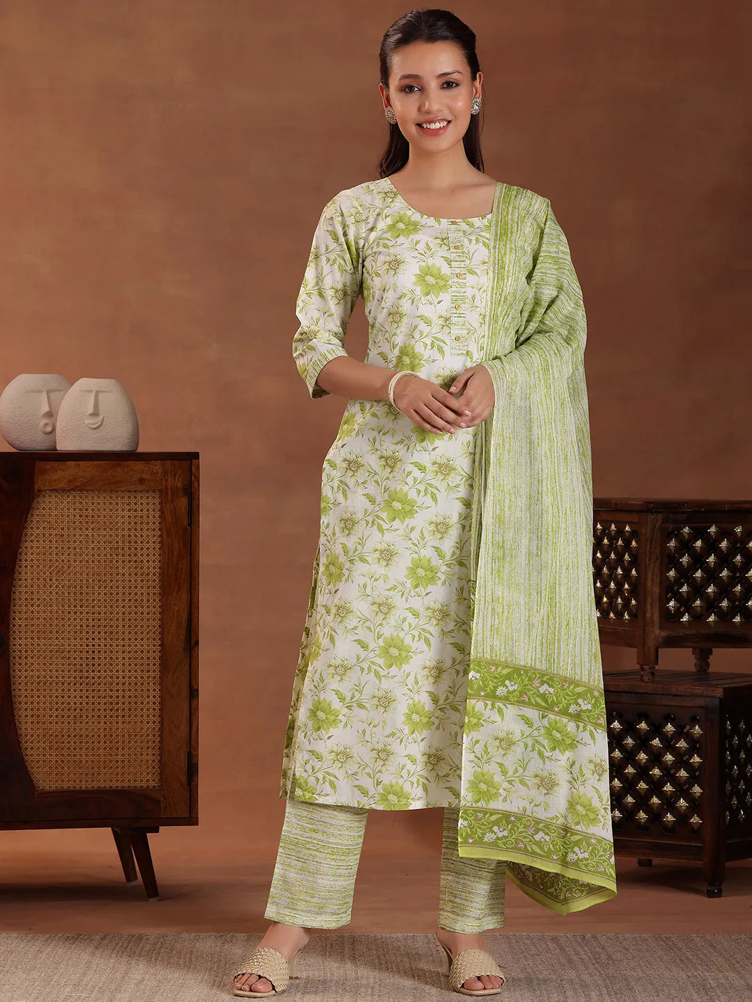  Green Printed Cotton Straight Suit With Dupatta 