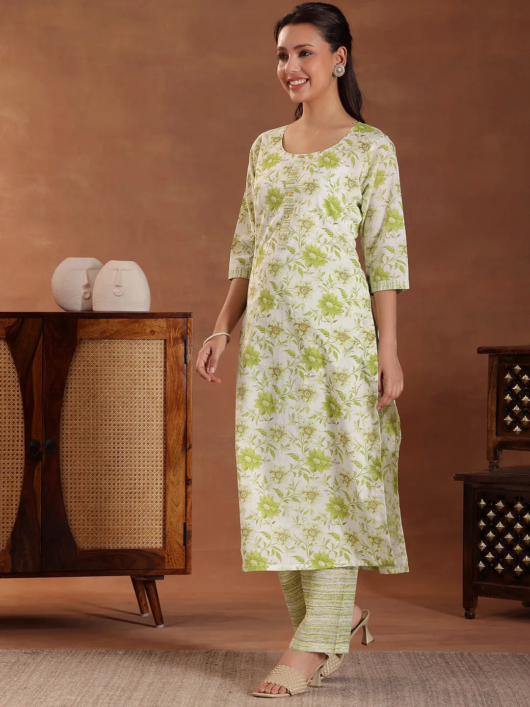  Green Printed Cotton Straight Suit With Dupatta 